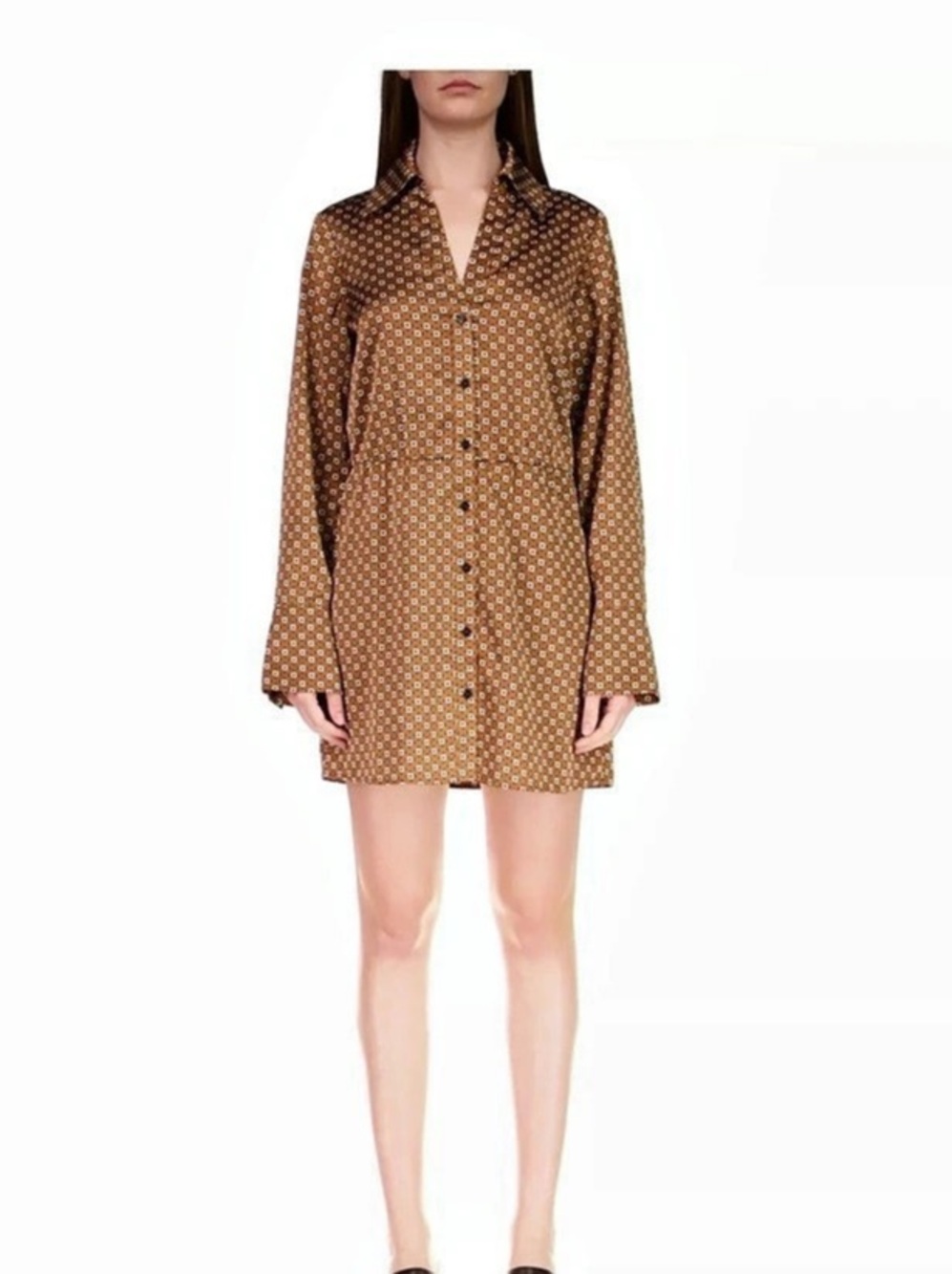 Sanctuary Geometric Print Long Sleeve Button-Front Shirt Dress Mini Dress Brown